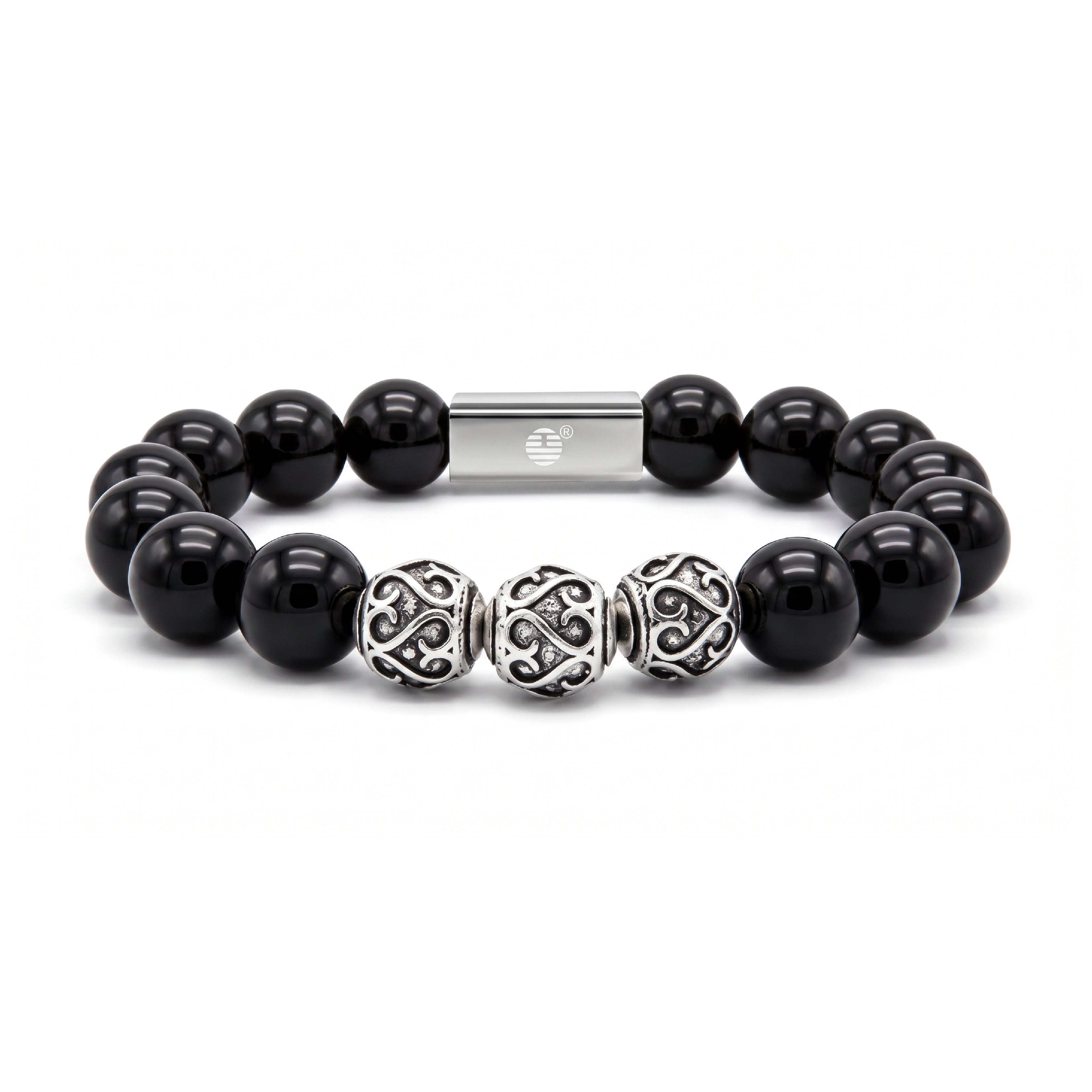 A beaded stretch bracelet featuring glossy black round beads, three ornate silver filigree spacer beads, and a polished silver magnetic clasp, shown on a clean white background.