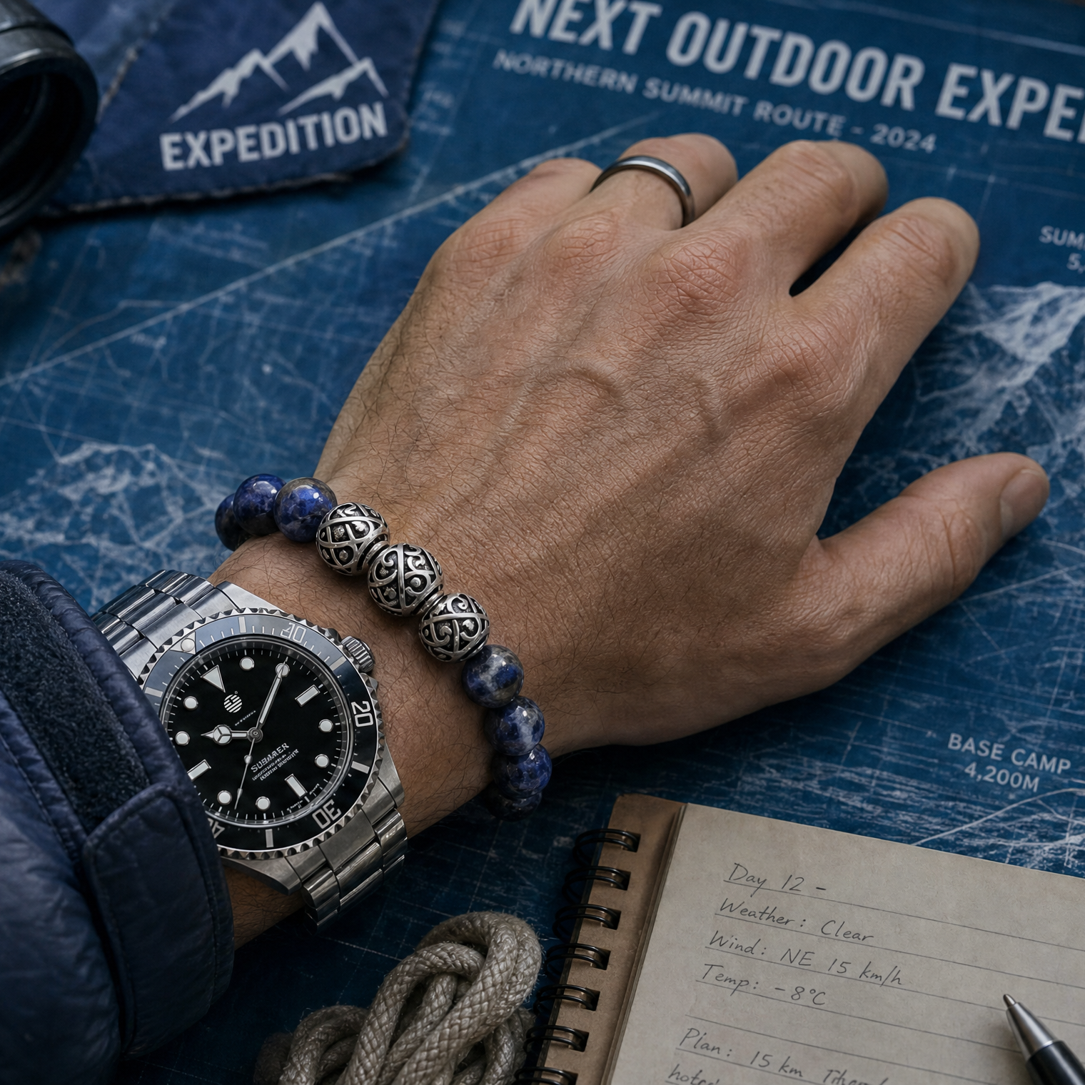 A close-up lifestyle shot of a person's hand resting on a blue expedition map, wearing a silver-toned Expedition brand watch with a black dial and a blue beaded bracelet. The scene is styled with outdoor gear including binoculars, a compass, a notebook, and an Expedition patch.
