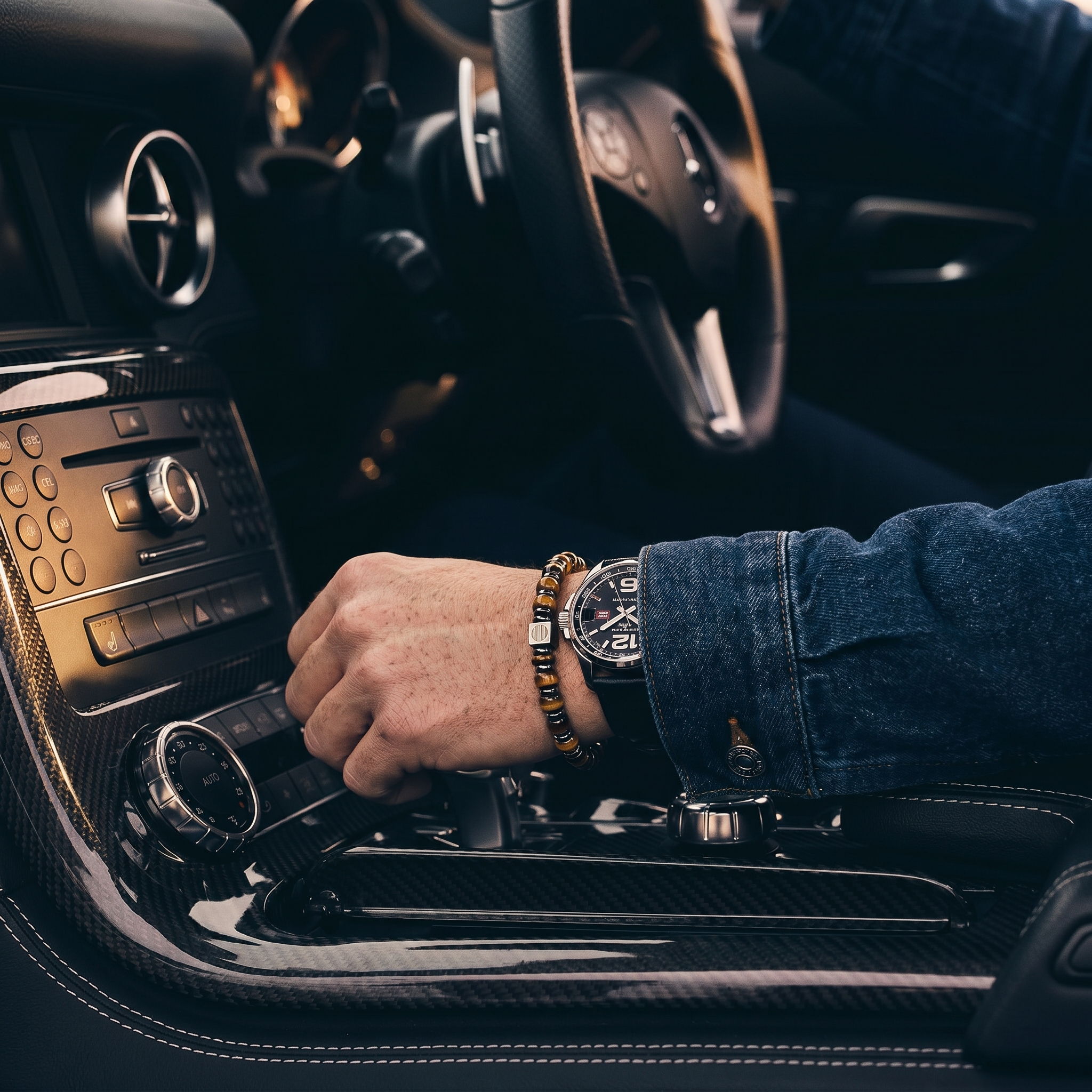 Hand with a watch on the gear shift of a car interior