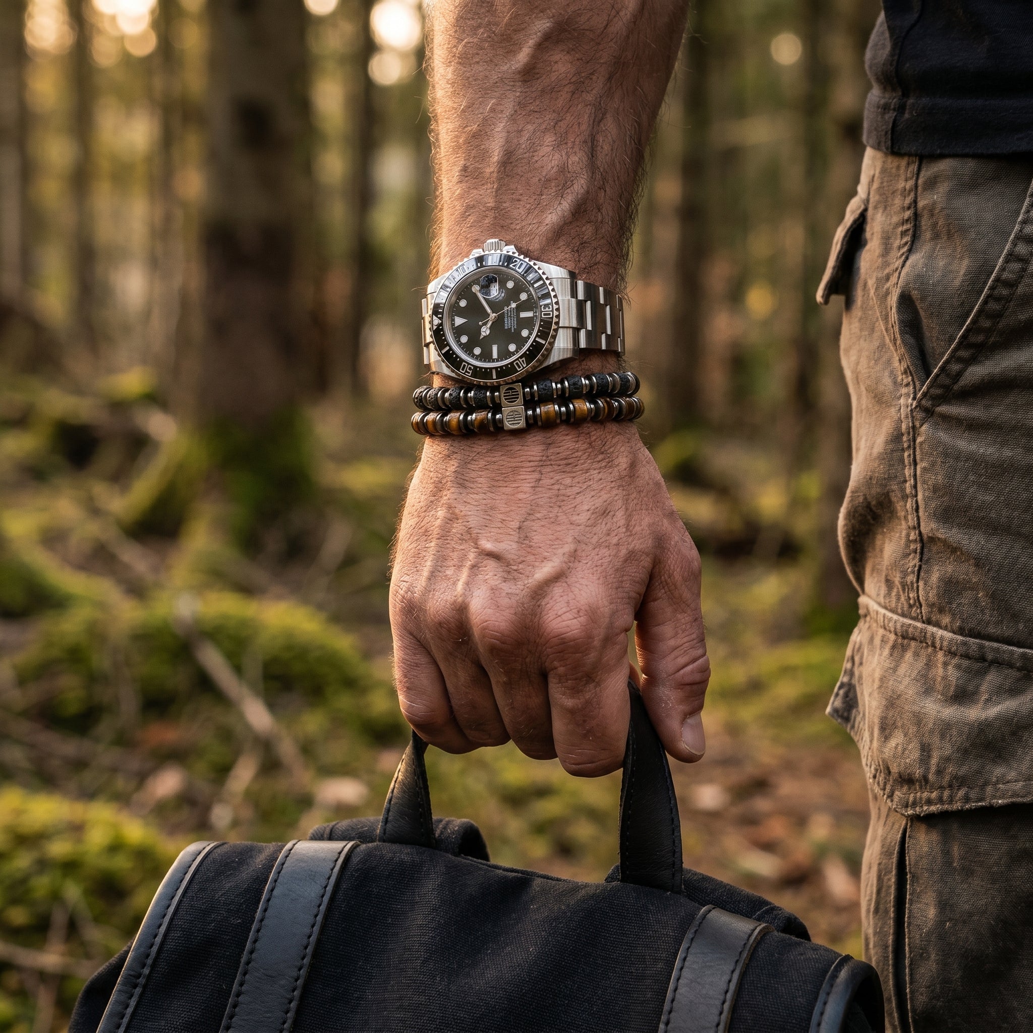Person holding a black bag in a forest with a watch and bracelets on their wrist.