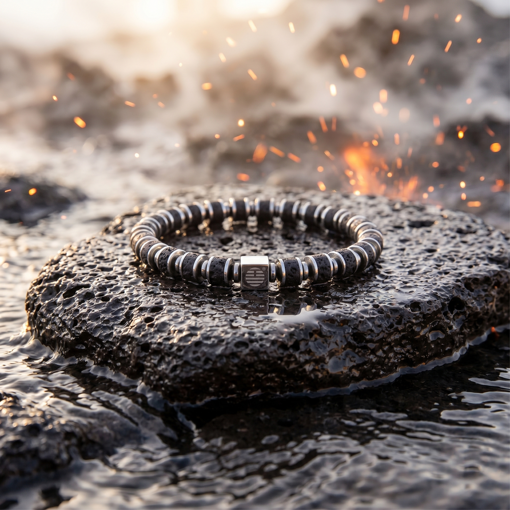 Silver bracelet on a volcanic stone surface with sparks in the background
