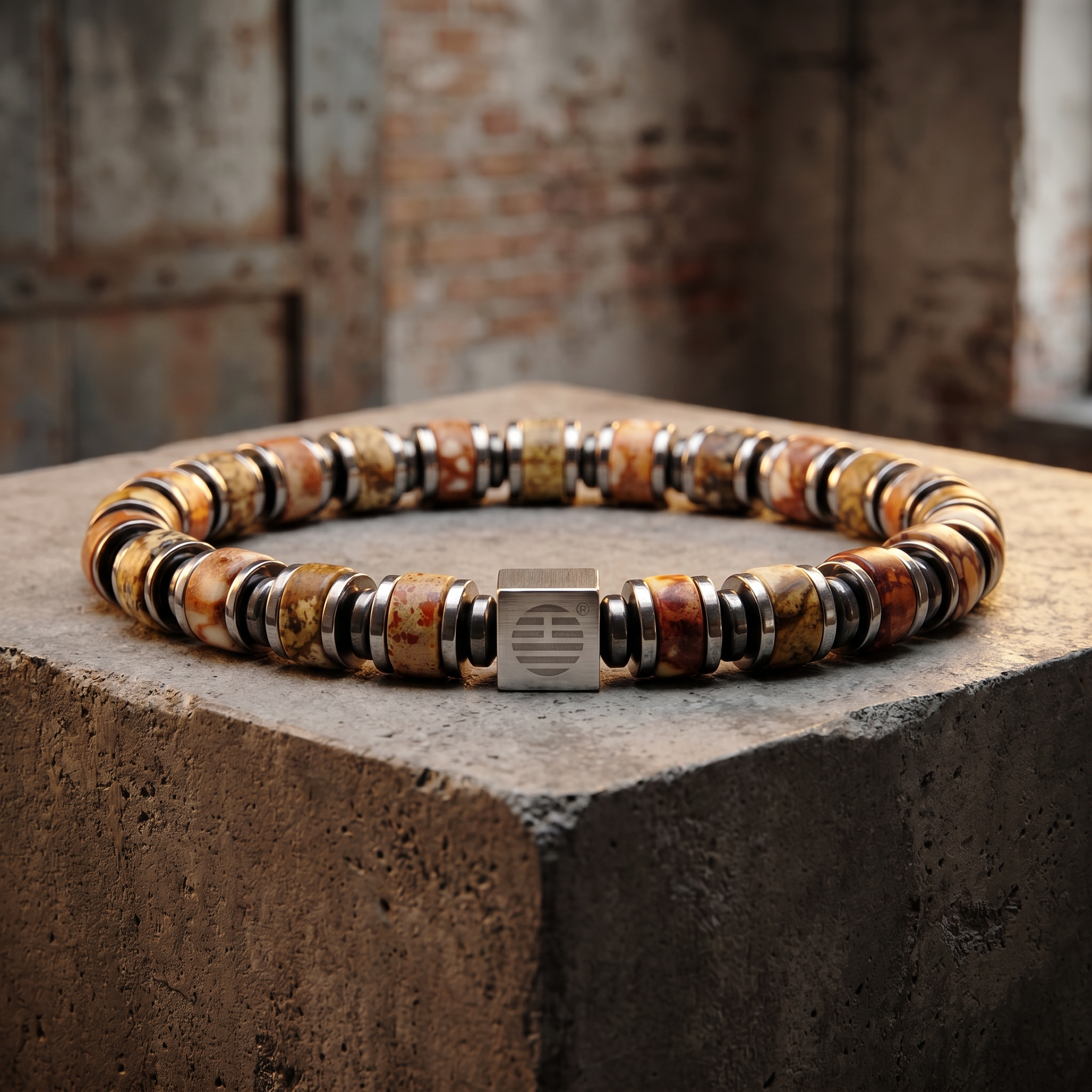 Necklace with multicolored beads on a stone surface with a rustic background