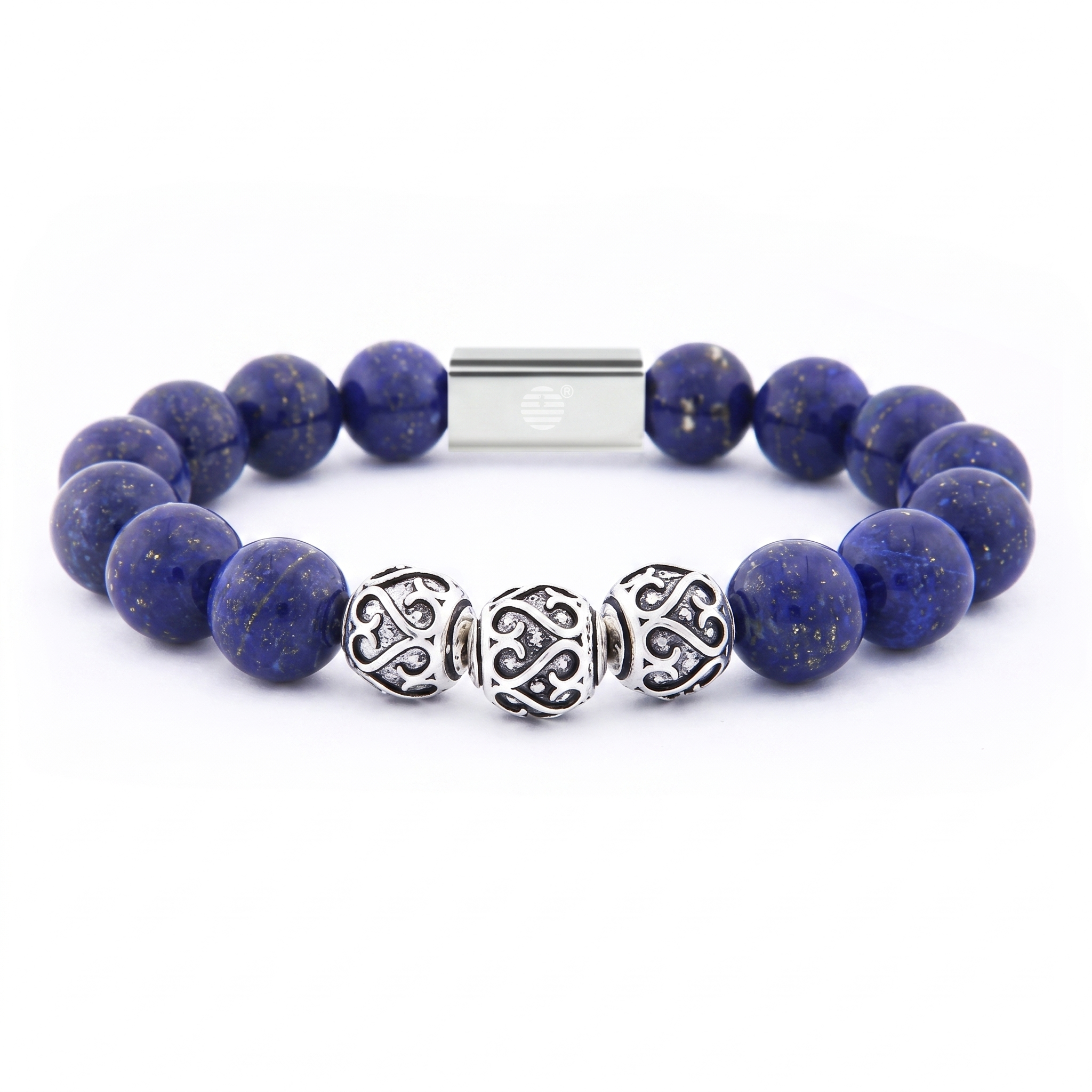 A beaded bracelet featuring deep blue lapis lazuli stones, three ornate silver Celtic knot beads, and a silver magnetic clasp, shown on a clean white background.