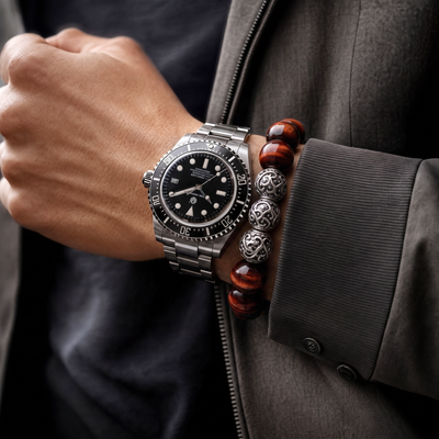 A close-up of a man's wrist wearing a stainless steel Rolex Submariner Date watch with a black dial and bezel, alongside a beaded bracelet with red tiger's eye and silver filigree beads, set against a dark gray jacket.