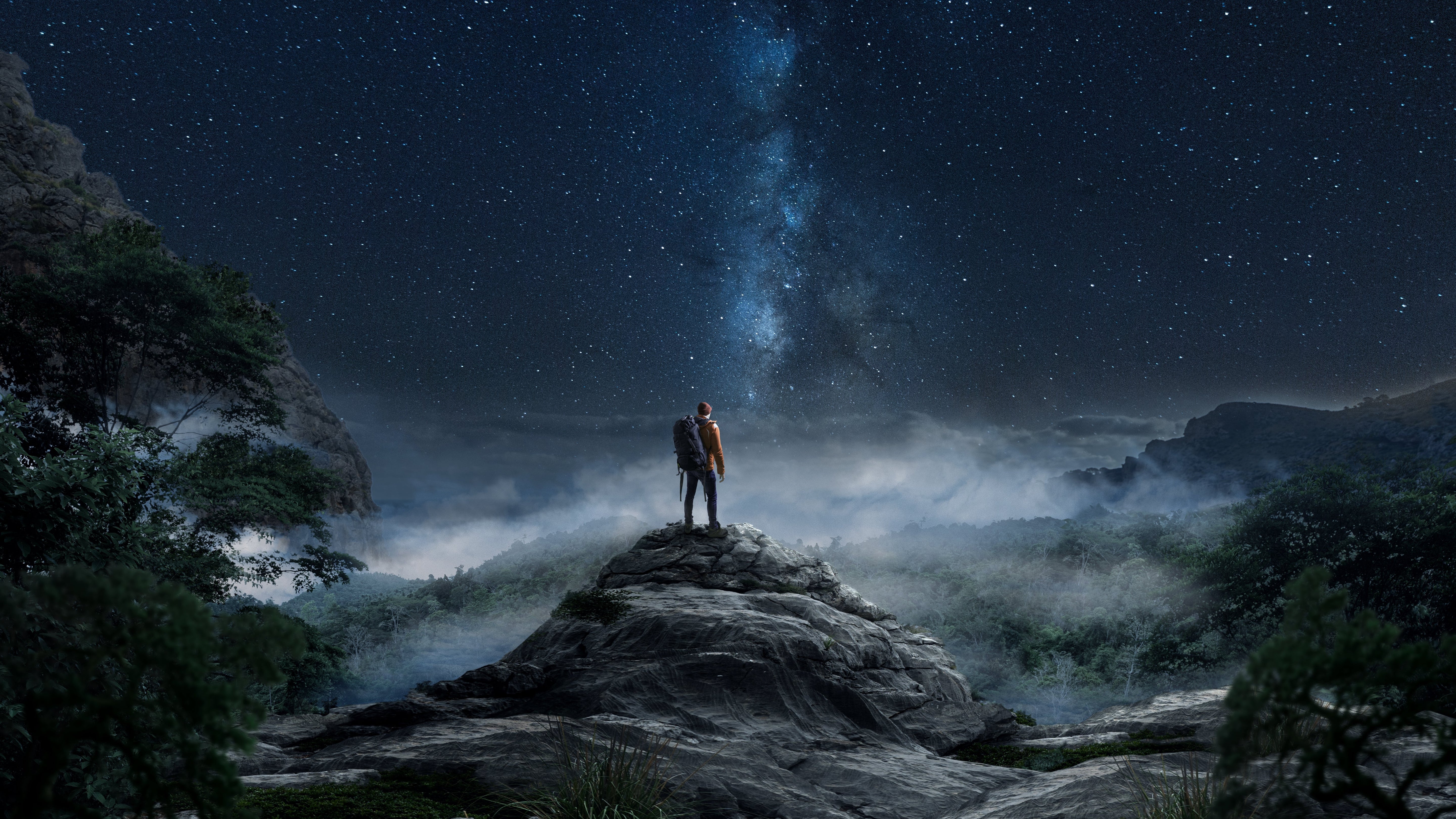 Person standing on a rocky outcrop under a starry night sky with a mountainous landscape.