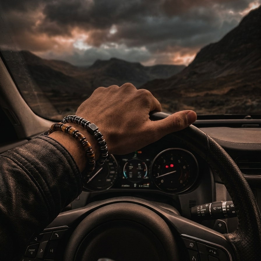 Hand on steering wheel of a car with a scenic mountain view at sunset.