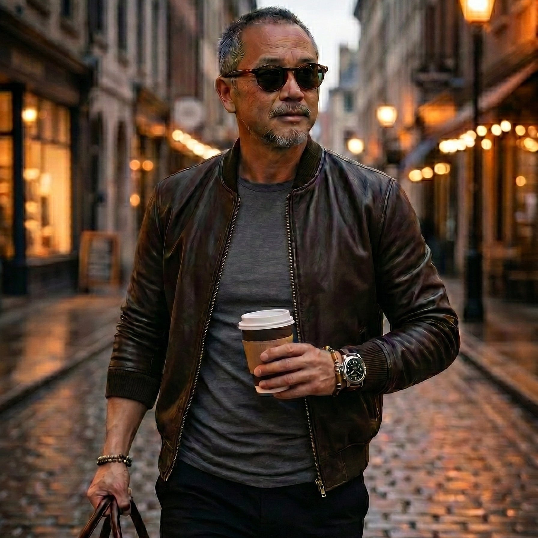 Man in a leather jacket and sunglasses holding a coffee cup on a city street.
