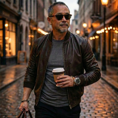 Man in a leather jacket and sunglasses holding a coffee cup on a city street.