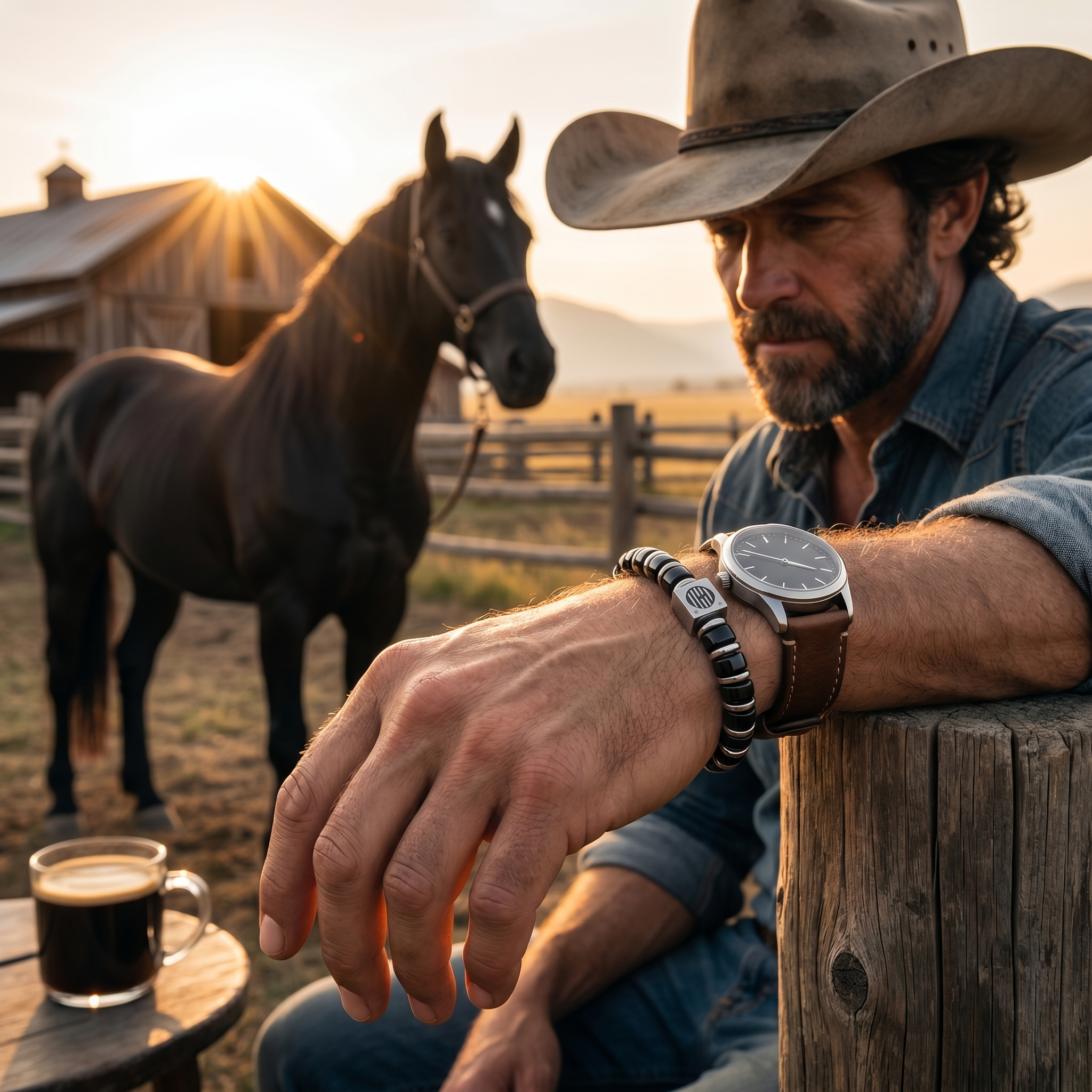 Man in cowboy hat wearing my enchanter bracelet with horse, coffee, and watch at sunset