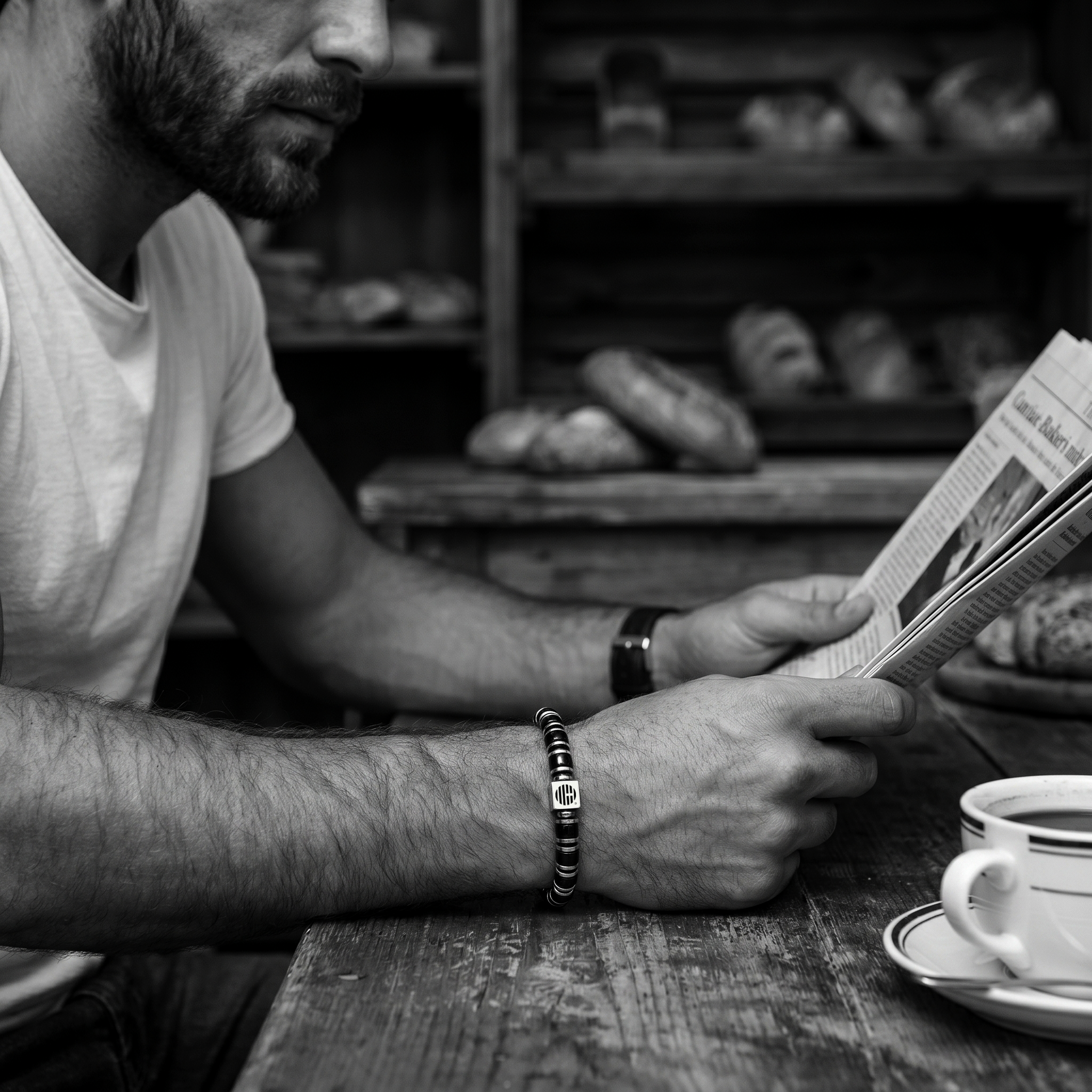 Man wearing my enchanter black obsidian bracelet reading a newspaper in a bakery with bread in the background