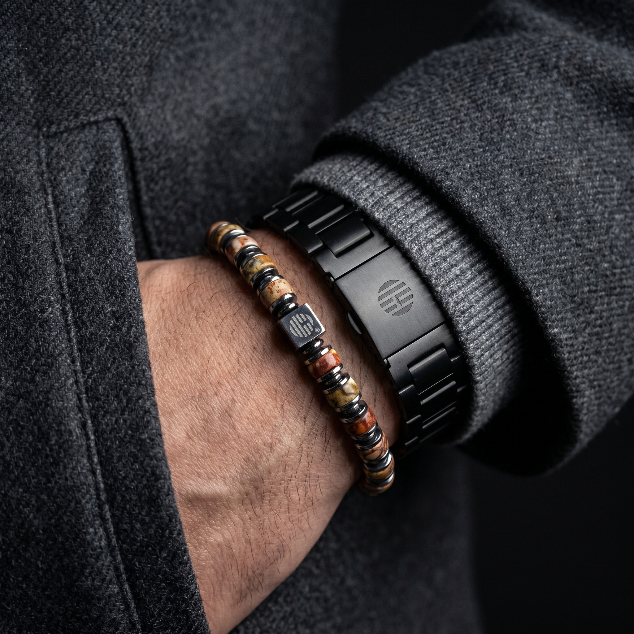 Close-up of a person wearing a black watch and a beaded bracelet with a dark coat sleeve.