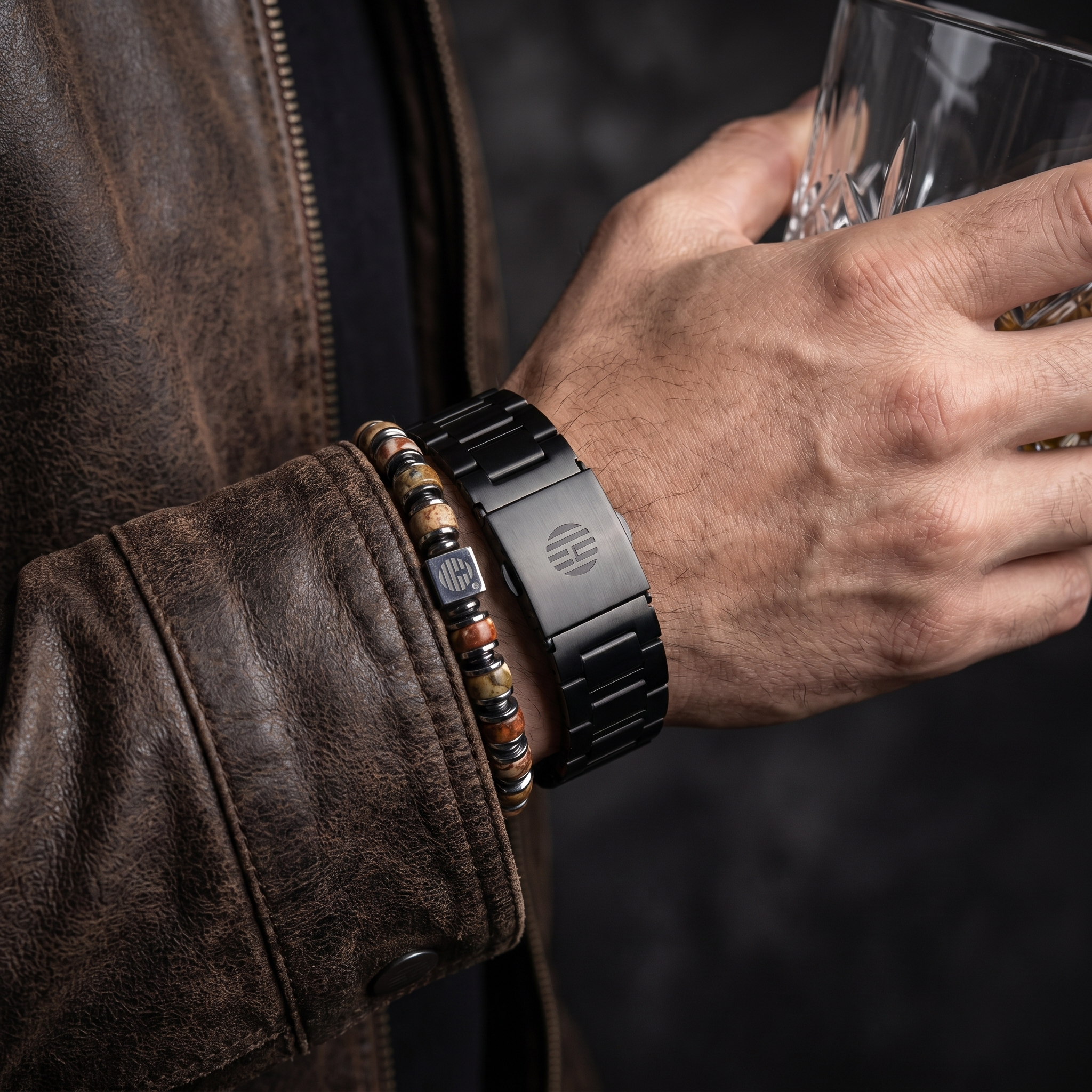 Person wearing a black watch and beaded bracelet, holding a glass against a dark background