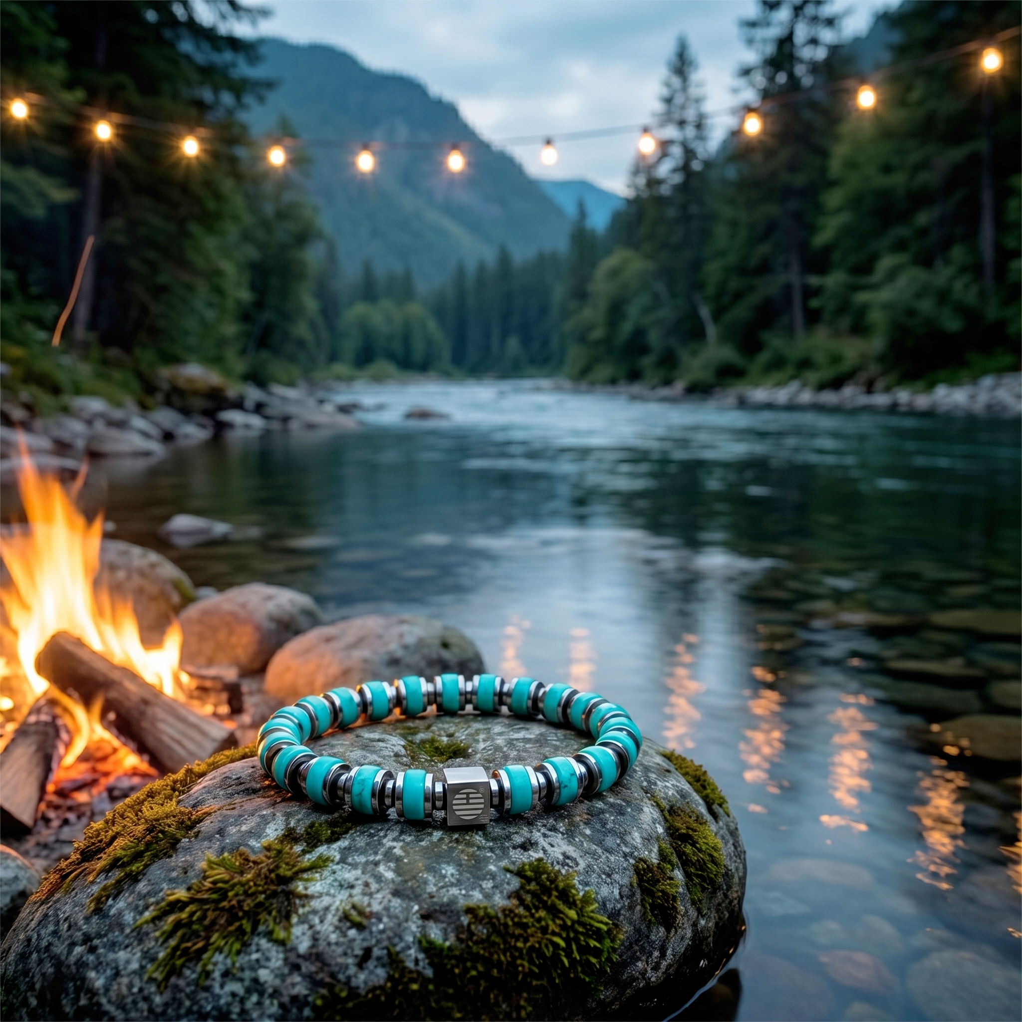 Turquoise beaded bracelet on a rock by a campfire and river with string lights in the background