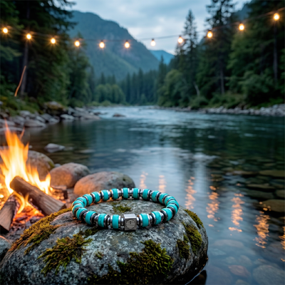 Turquoise beaded bracelet on a rock by a campfire and river with string lights in the background