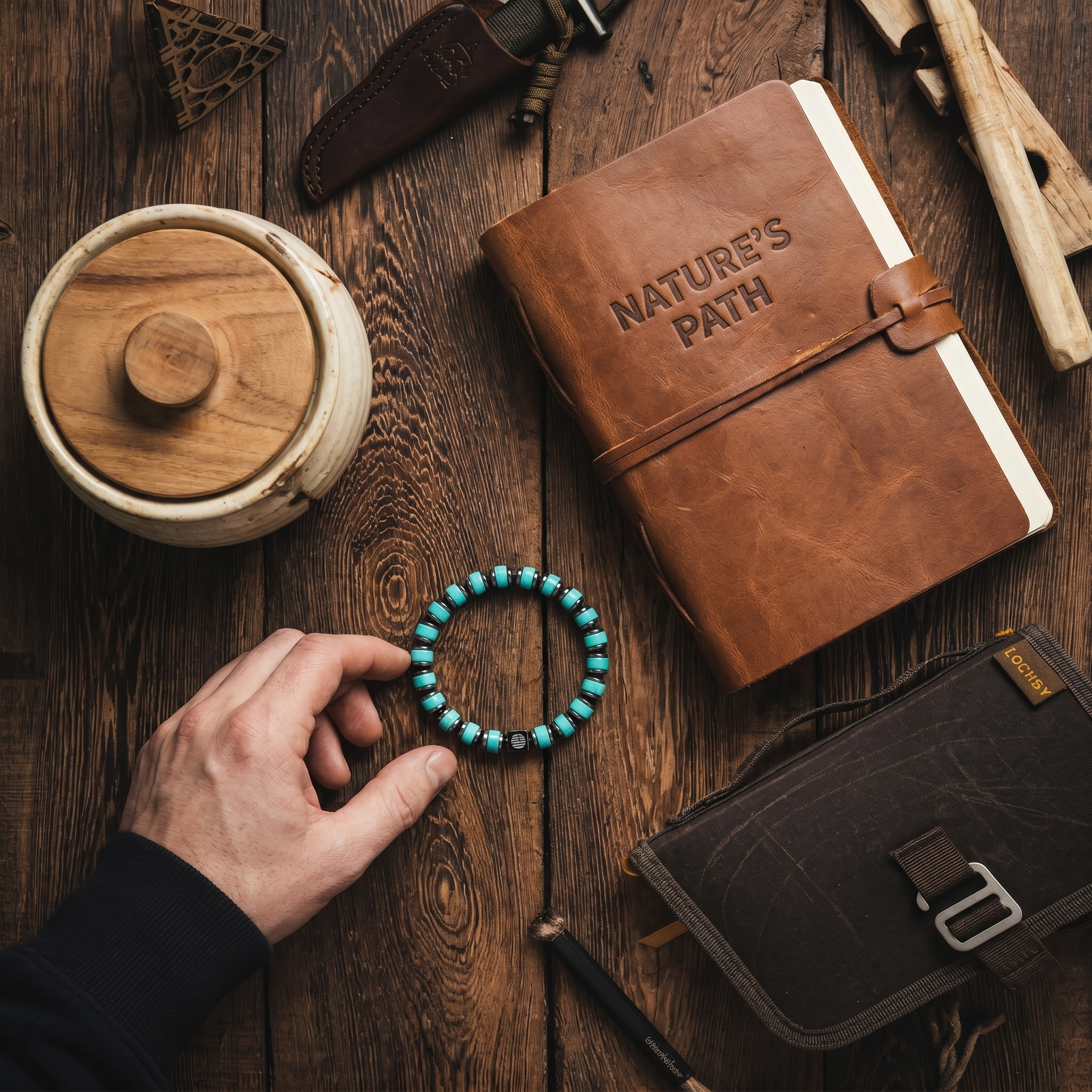 Brown leather notebook with 'Nature's Path' embossed, hand holding turquoise bracelet on wooden surface
