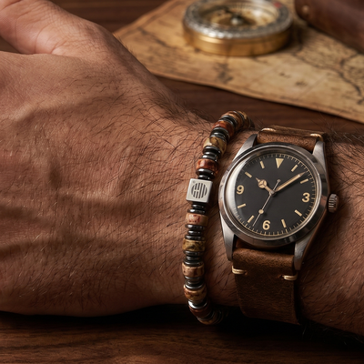 Hand wearing a watch with bracelets, holding a mug on a wooden surface.