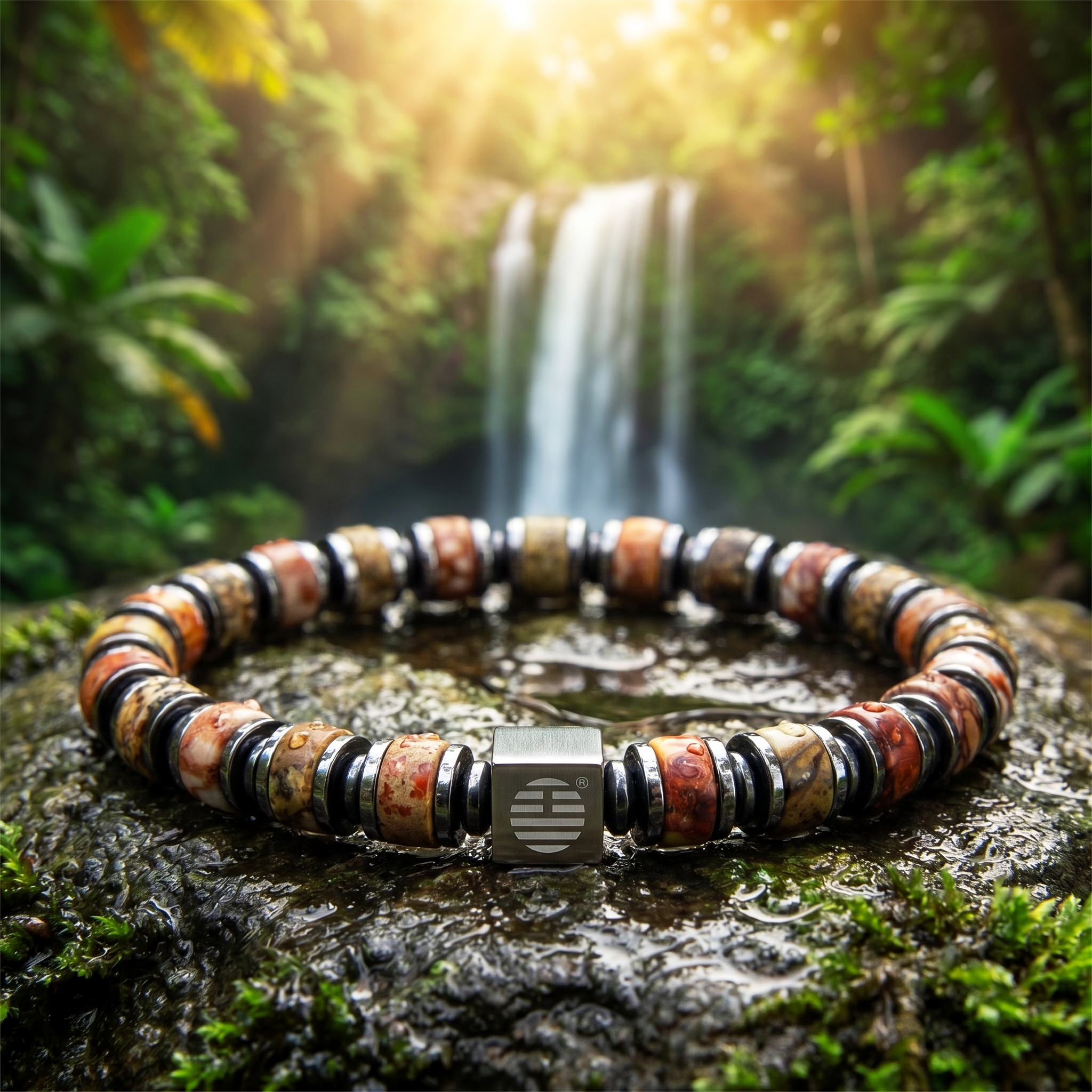 Multicolored beaded bracelet on a rock with a waterfall in the background