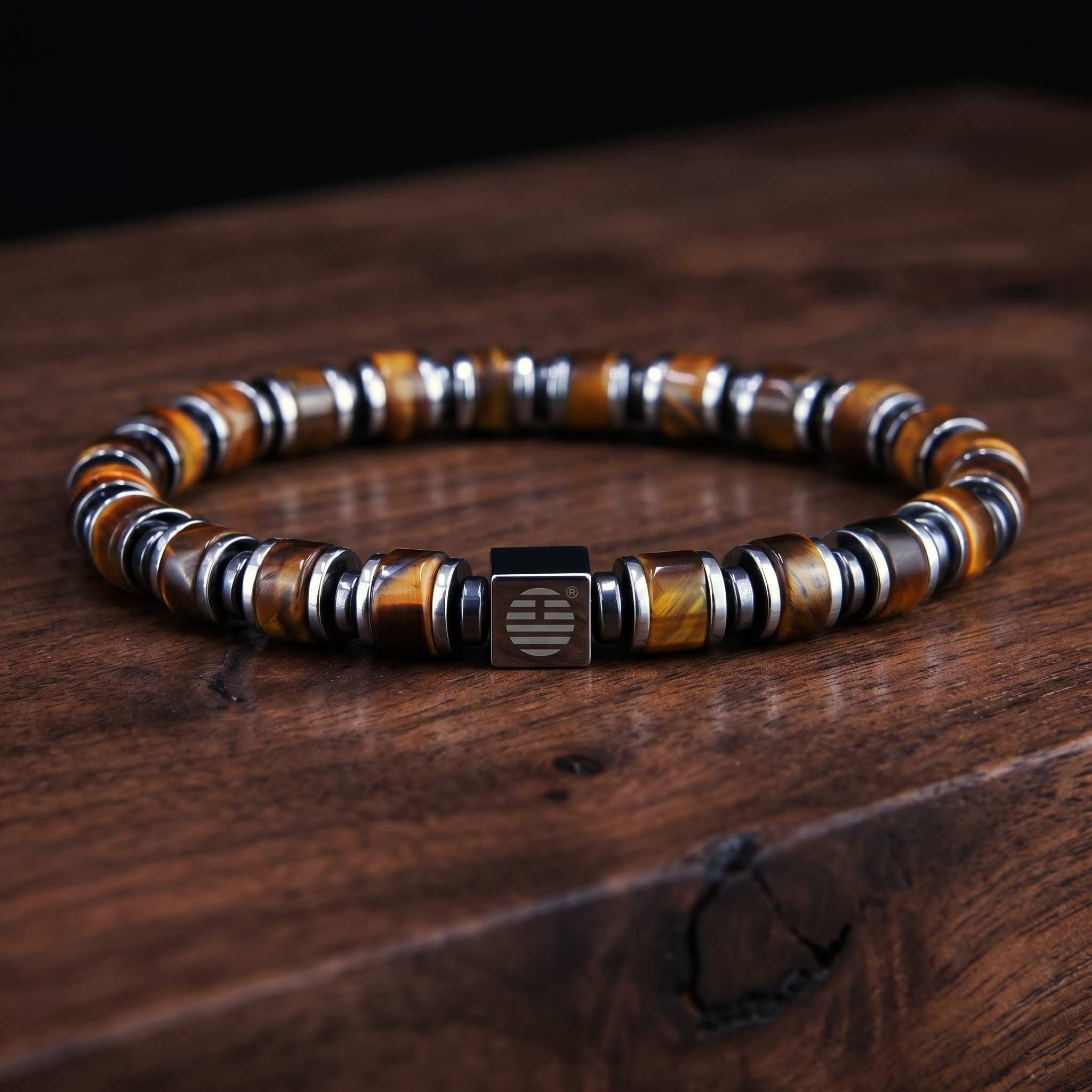 Bracelet with brown and silver beads on a wooden surface