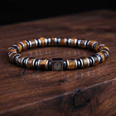 Bracelet with brown and silver beads on a wooden surface